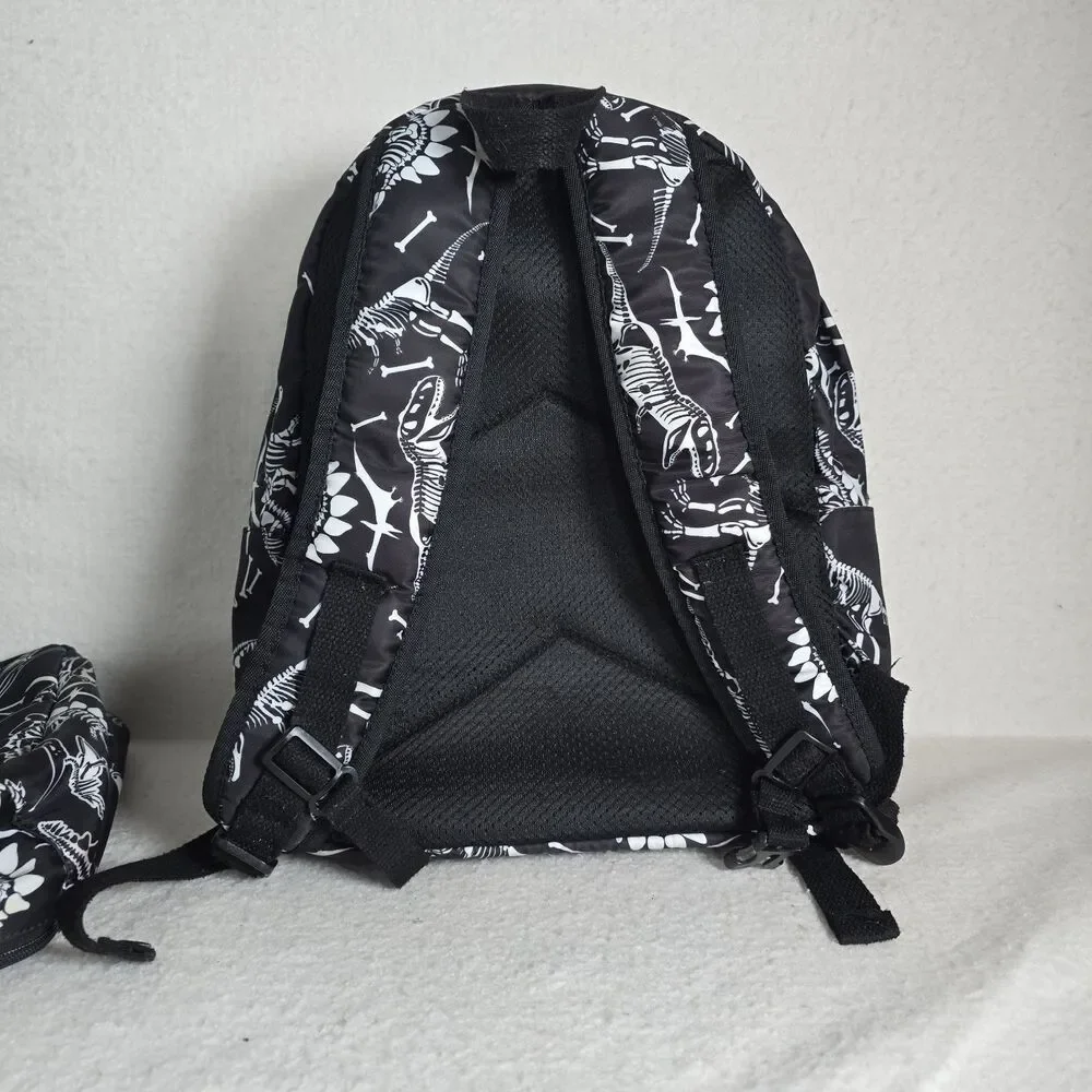 Black Backpack White T-Rex Dinosaur Skeleton Pattern And Matching Lunchbox